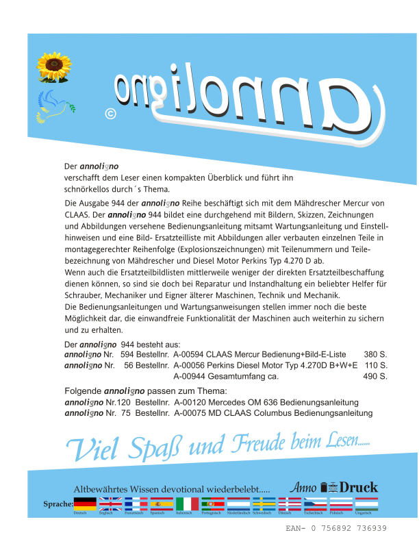 CLAAS Mähdrescher Typ Mercur & Perkins 4 Zyl. Diesel Motor Typ 4.270 D Bild- Bedienungsanleitungen & Bild- Ersatzteillisten & Explosionszeichnungen - annoligno 944